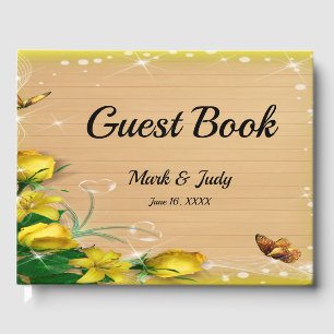 Rustic Wood Yellow Floral Butterfly Wedding Guest Book