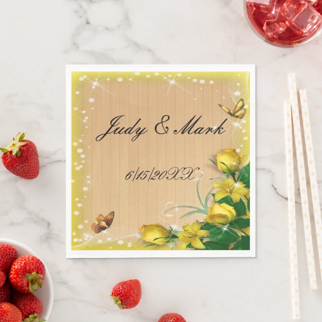 Rustic Wood Yellow Floral Butterfly Wedding Paper Napkin (Insitu)