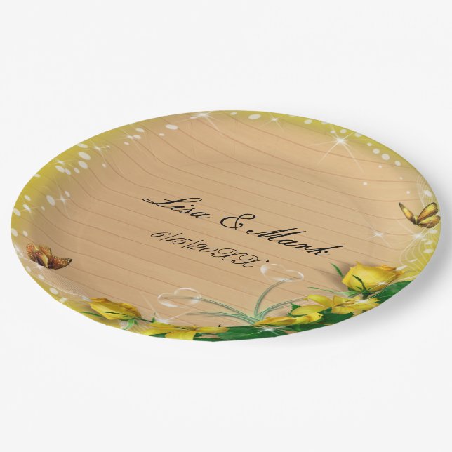 Rustic Wood Yellow Floral Butterfly Wedding Paper Plate (Angled)