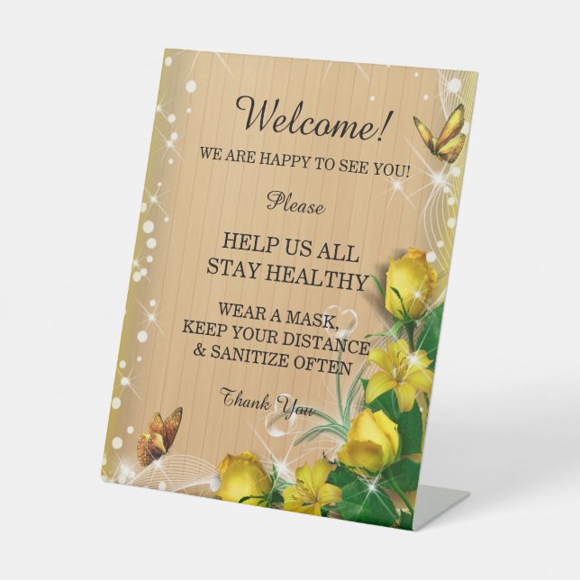 Rustic Wood Yellow Floral Butterfly Wedding Safety Pedestal Sign (Front)