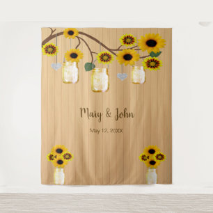 Rustic Wood Yellow Floral Mason Jar Photo Backdrop Tapestry