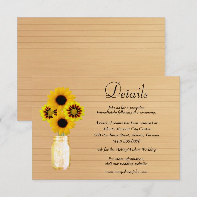 Rustic Wood Yellow Floral Mason Jar Wedding Detail Enclosure Card (Front/Back)