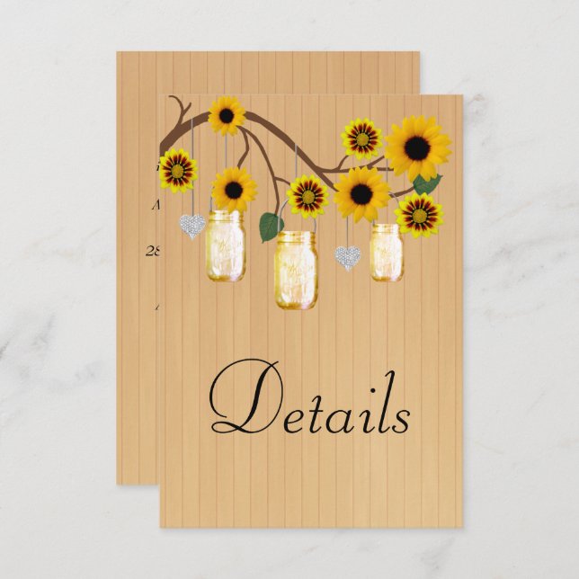 Rustic Wood Yellow Floral Mason Jars Details Enclosure Card (Front/Back)