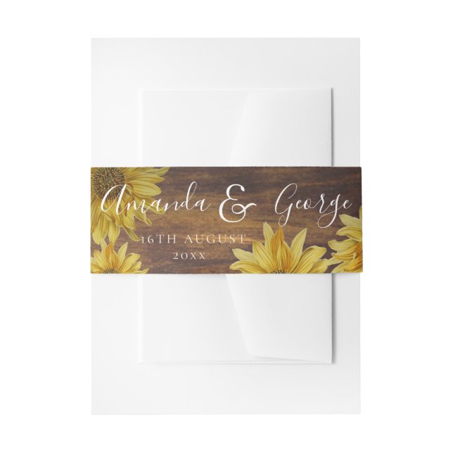 Rustic Wood Yellow Sunflower Script Fall Wedding Invitation Belly Band (Front Example)