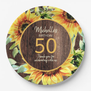 Rustic Wood Yellow Sunflowers 50th Birthday Paper Plate