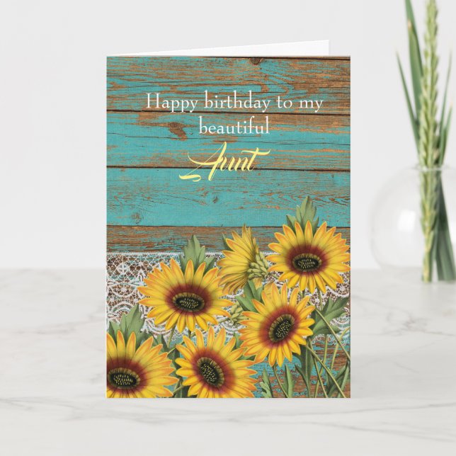 Rustic Wood Yellow Sunflowers Aunt Birthday Card (Front)