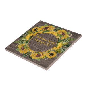 Rustic Wood Yellow Sunflowers Family Farmhouse  Tile
