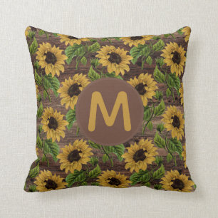 Rustic Wood Yellow Sunflowers Monogram Cushion