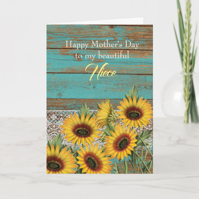 Rustic Wood Yellow Sunflowers Niece Mother's Day Card (Front)