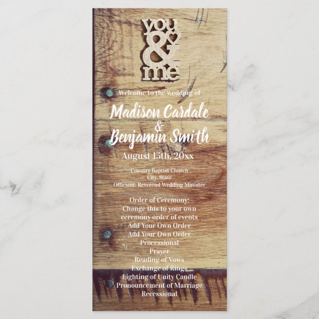 Rustic Wood "You & Me" Wedding Programs Programme (Front)