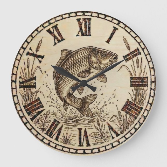 Rustic Woodburned Fish Wall Clock (Front)