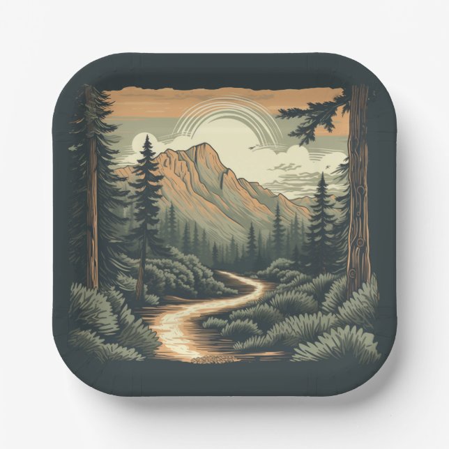 Rustic Woodcut Mountain Forest Landscape Camping Paper Plate (Front)