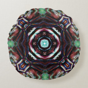 Rustic wooded brown kaleidoscope with mint details round cushion