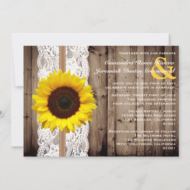 Rustic Wooden and Lace with Sunflower Wedding Invitation (Front)