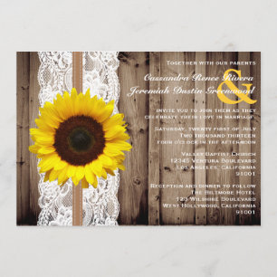 Rustic Wooden and Lace with Sunflower Wedding Invitation