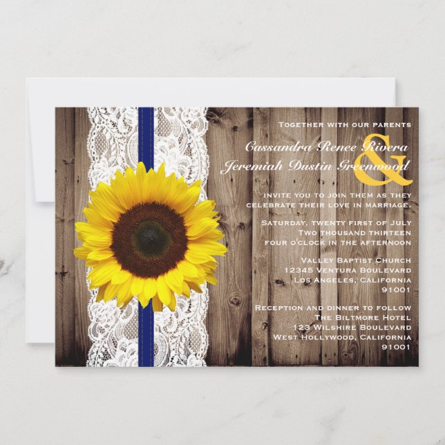 Rustic Wooden and Lace with Sunflower Wedding Invitation (Front)