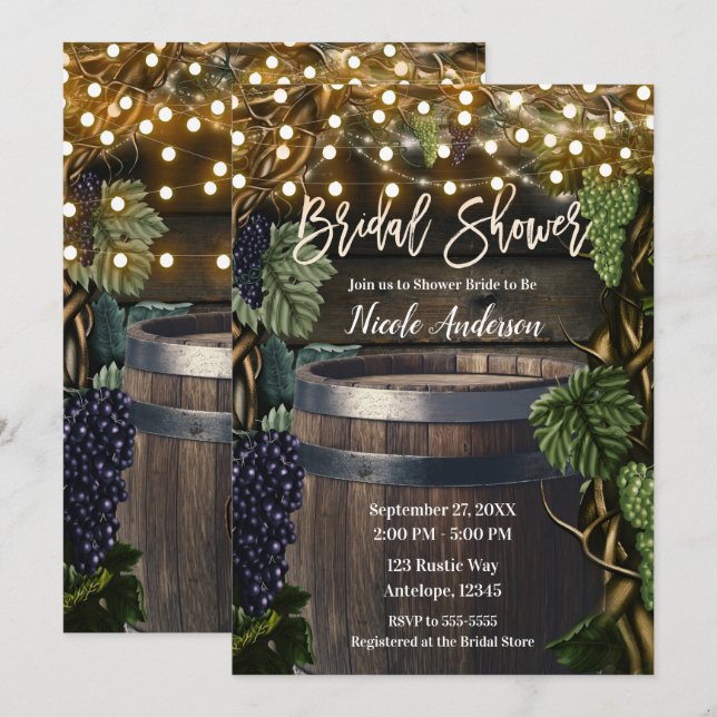 Rustic Wooden Barrel Grape Vines Bridal Shower Invitation (Front/Back)