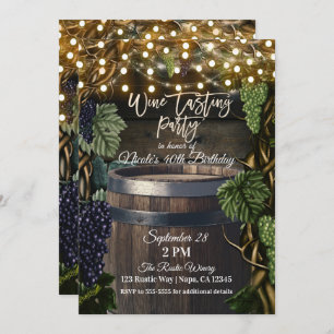 Rustic Wooden Barrel Grapes Wine Tasting Party Invitation