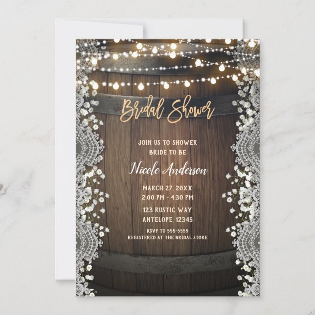 Rustic Wooden Barrel Lace & Lights Bridal Shower Invitation (Front)