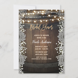 Rustic Wooden Barrel Lace & Lights Bridal Shower Invitation