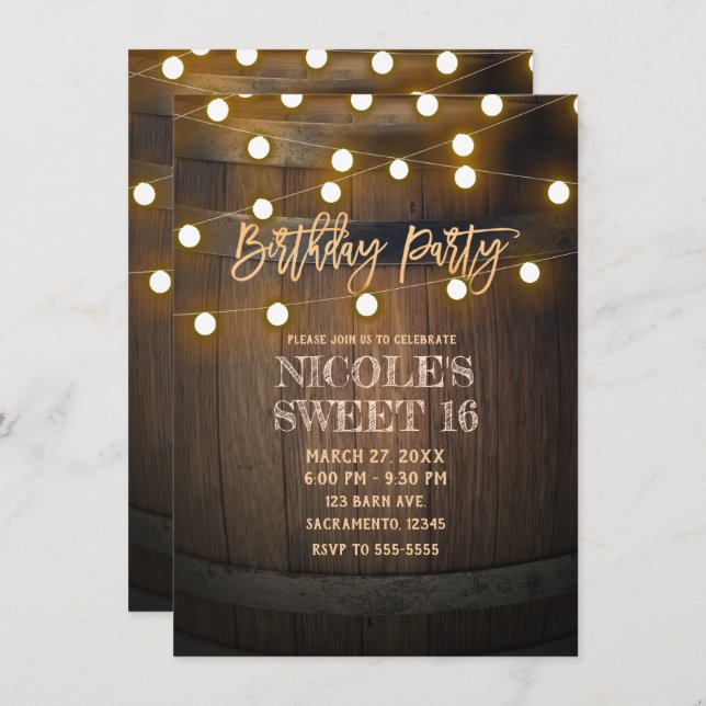 Rustic Wooden Barrel String Lights Birthday Party Invitation (Front/Back)