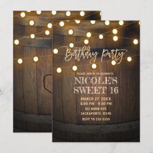 Rustic Wooden Barrel String Lights Birthday Party Invitation