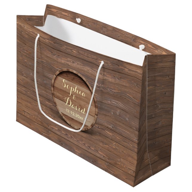 Rustic Wooden Barrel Wedding Custom Monogram Large Gift Bag (Front Angled)