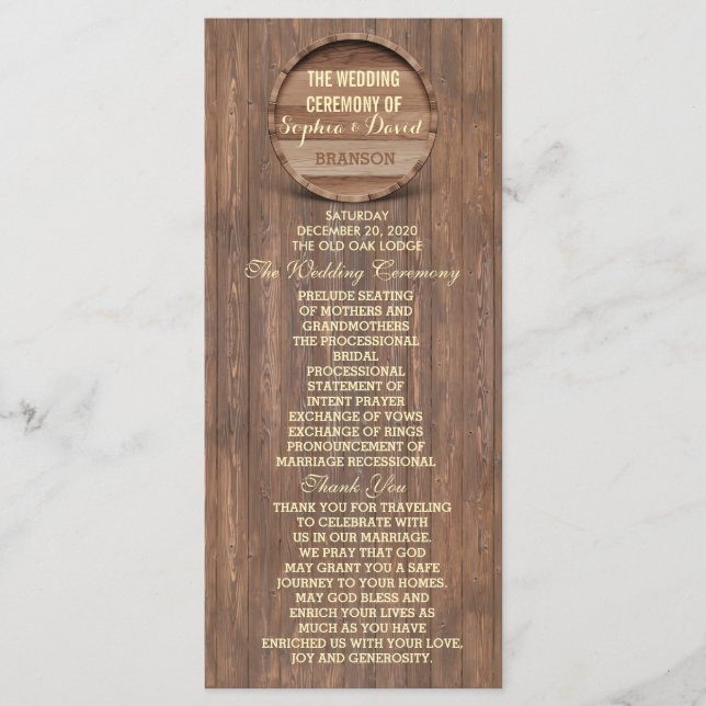 Rustic Wooden Barrel Wedding Custom Program Programme (Front)
