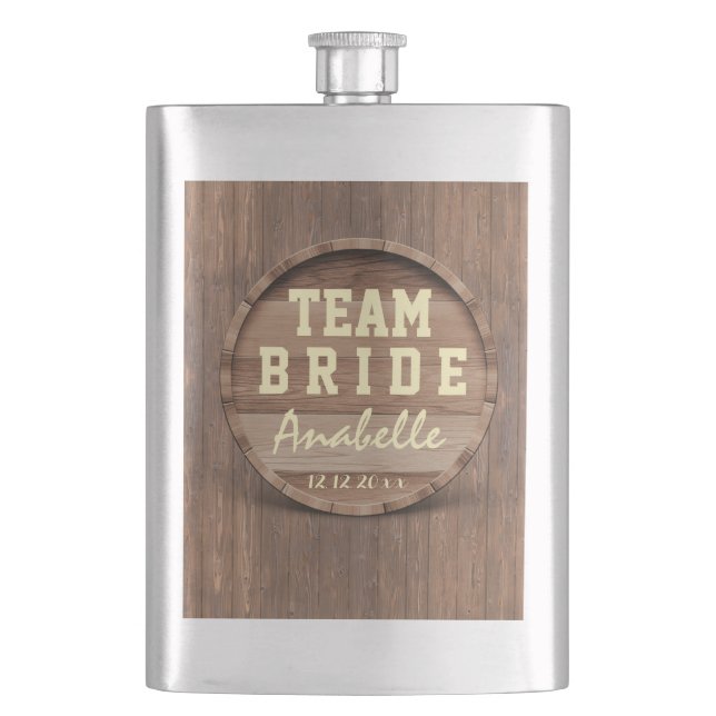 Rustic Wooden Barrel Wedding favour TEAM BRIDE Hip Flask (Front)