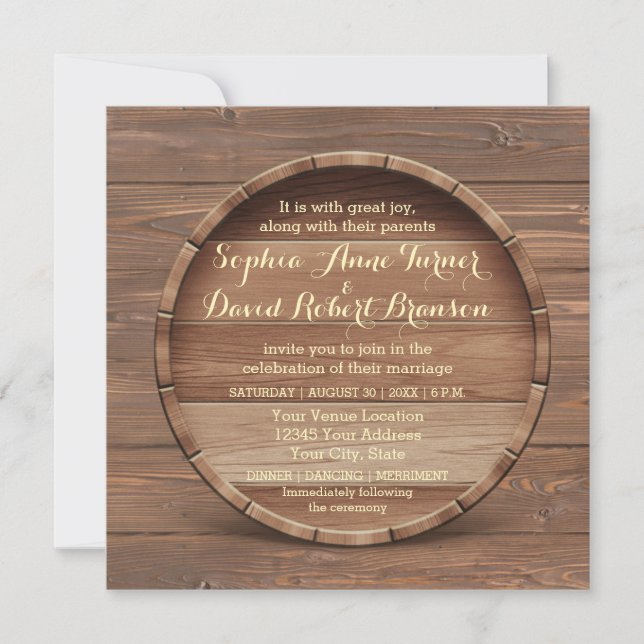 Rustic Wooden Barrel Wedding Invitation (Front)