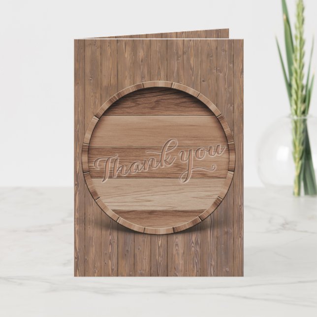 Rustic Wooden Barrel Wedding Thank you Card (Front)