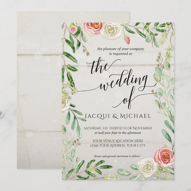 Rustic Wooden Blush and Ivory Roses Floral Wedding Invitation (Front/Back)