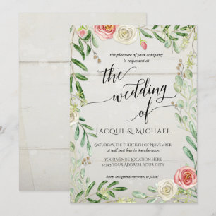 Rustic Wooden Blush and Ivory Roses Floral Wedding Invitation