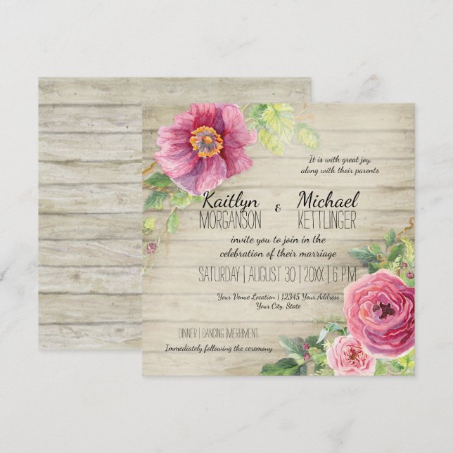 Rustic Wooden Board Floral Rose Peony Country Chic Invitation (Front/Back)