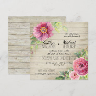 Rustic Wooden Board Floral Rose Peony Country Chic Invitation