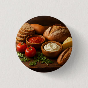 Rustic wooden board with artisan breads cheese 3 cm round badge
