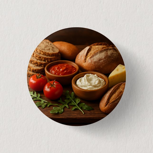 Rustic wooden board with artisan breads cheese 3 cm round badge (Front)