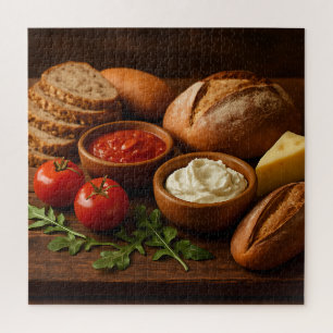 Rustic wooden board with artisan breads cheese jigsaw puzzle