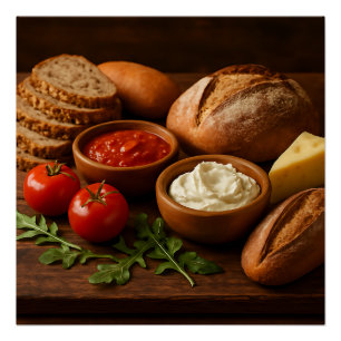 Rustic wooden board with artisan breads cheese poster