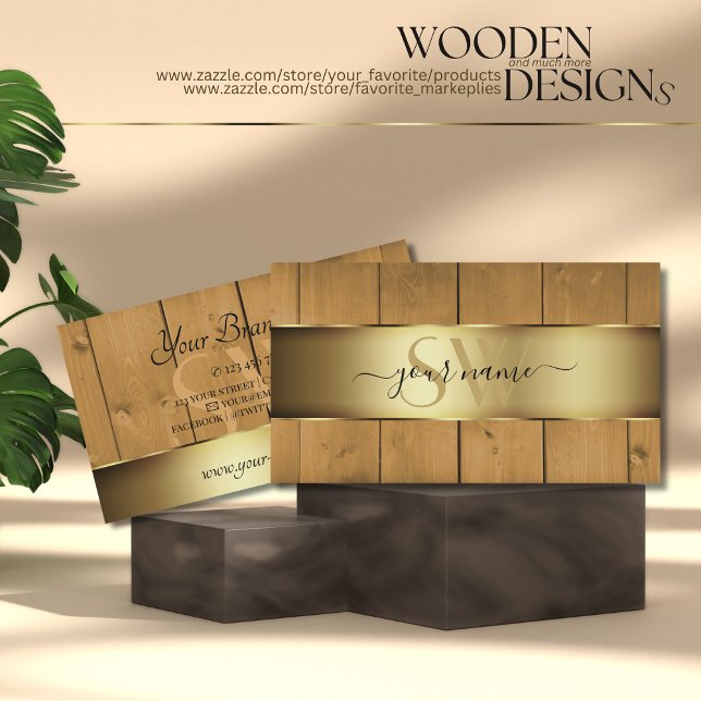 Rustic Wooden Boards Wood Grain with Monogram Gold Business Card (Creator Uploaded)
