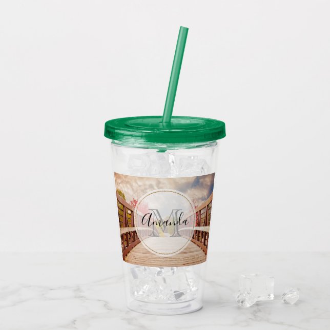 Rustic Wooden Bridge in the Country Monogram Acrylic Tumbler (Back Ice)