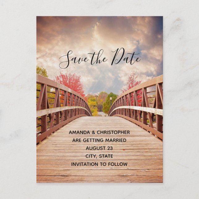 Rustic Wooden Bridge in the Country Save the Date Invitation Postcard (Front)