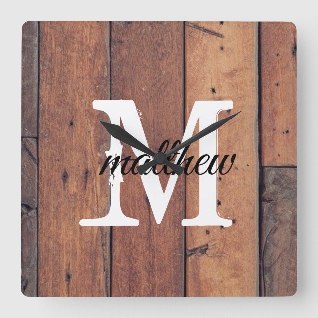 Rustic Wooden Country Farmhouse Brown Monogram Square Wall Clock (Front)