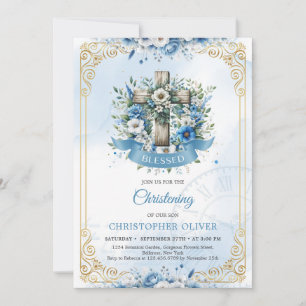 Rustic wooden cross blue flowers gold frame invitation