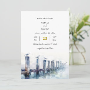 Rustic wooden dock Gulls Ocean View Beach Wedding  Invitation