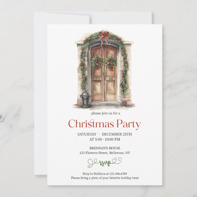 Rustic wooden door with festive decoration red bow invitation (Front)