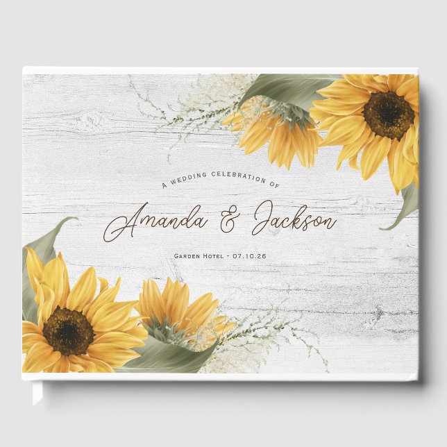 Rustic wooden elegant sunflower barn wedding guest book (Front)