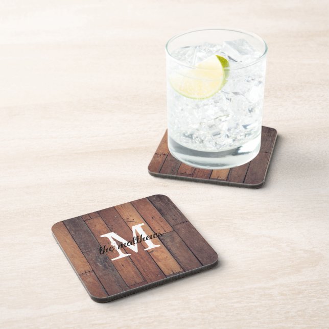 Rustic Wooden Farmhouse Country Monogrammed Name Coaster (Right Side)
