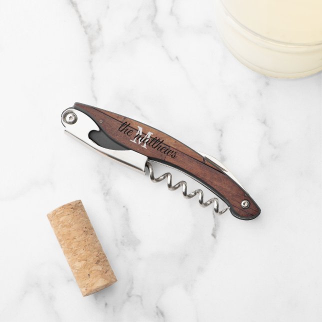Rustic Wooden Farmhouse Personalised Monogram Corkscrew (Front)