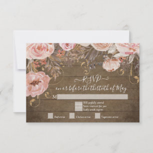 Rustic Wooden Floral Pink Rose Gold RSVP Response